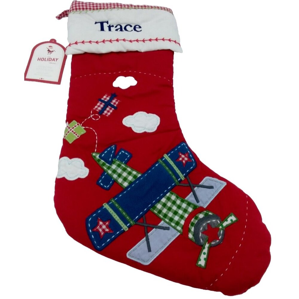 Pottery Barn Kids Trace Airplane Christmas Holiday Stocking Quilted Aircraft